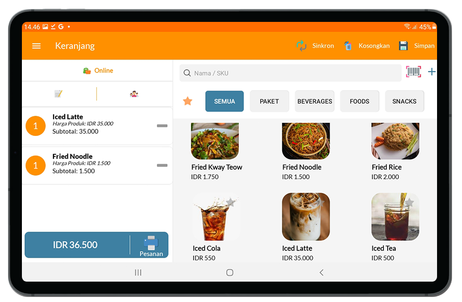 Aplikasi kasir Woogigs di tablet Android
